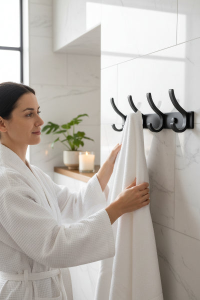 Porte serviette mural salle de bain à 4 longs crochets noirs