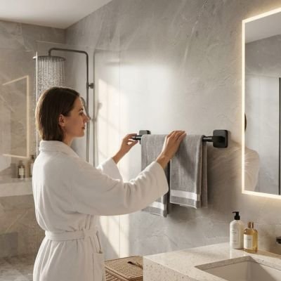 Porte serviette mural salle de bain auto-adhésive, barre moderne noire 