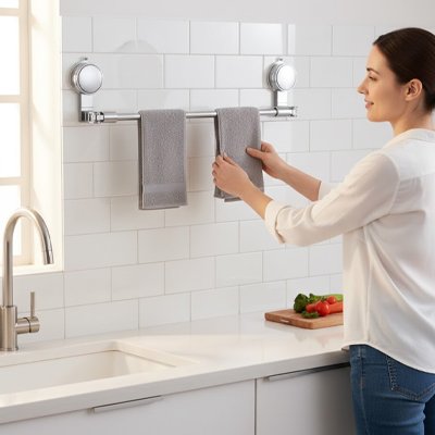 Porte serviette mural salle de bain barre longue en acier fixée avec ventouses