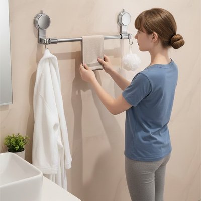 Porte serviette mural salle de bain longue barre en acier fixée avec ventouses 