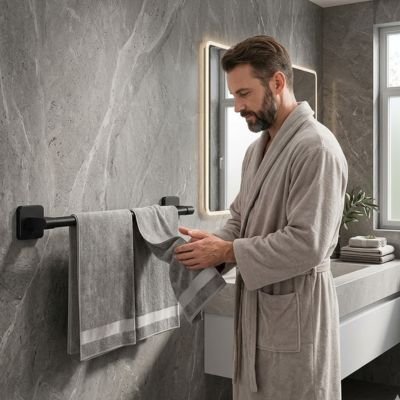 Porte serviette mural salle de bain longue barre moderne noire adhésive