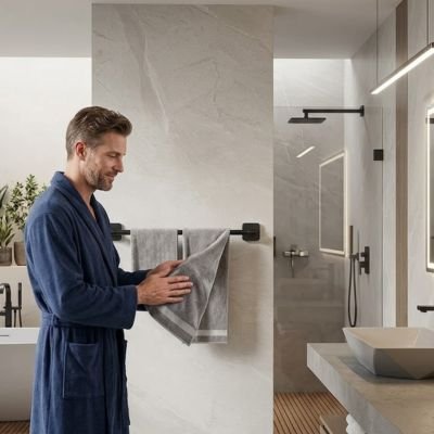 Porte serviette mural salle de bain noire mât, auto-adhésive, barre moderne 