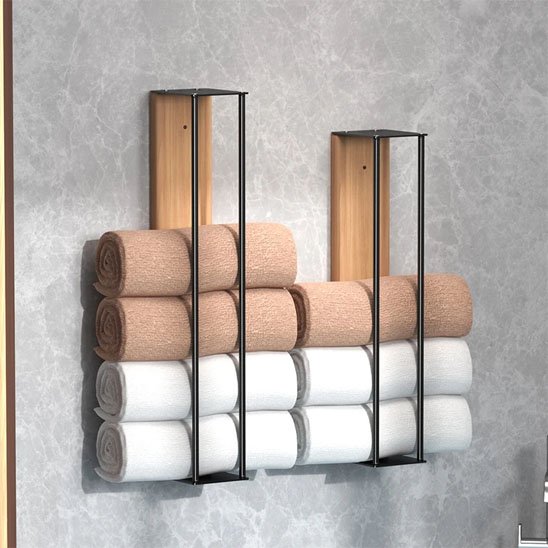 Porte serviette salle de bain deux tailles design en bois et métal noir