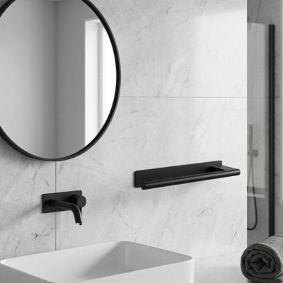 Porte serviette salle de bain Double Adhésif, barre moderne simple arrondie, noire
