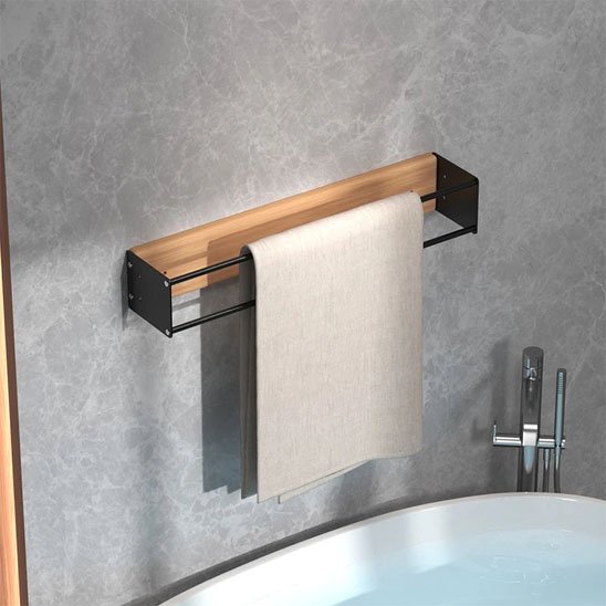 Porte serviette salle de bain horizontale bois et métal noir 