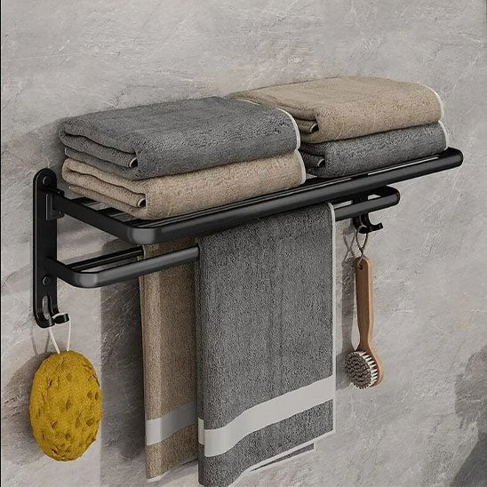 Porte serviette salle de bain mural noir Double barre avec crochets