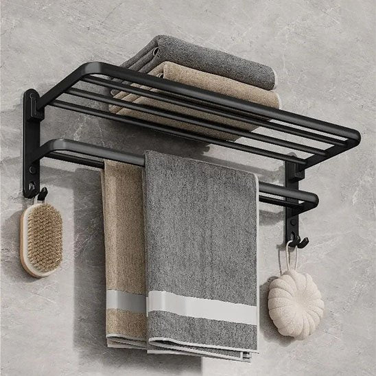 Porte serviette salle de bain mural  pliable noir mat avec crochets