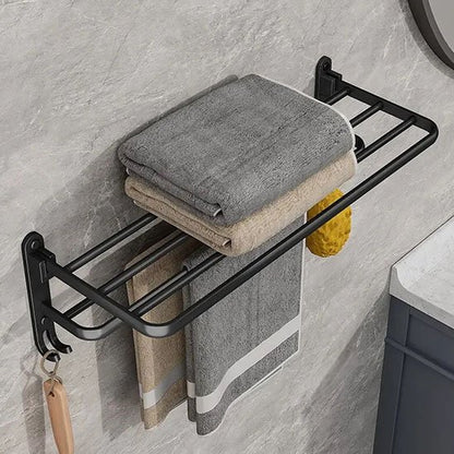 Porte serviette salle de bain mural robuste noir mat pliable avec crochets