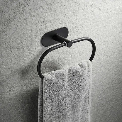 Porte serviette salle de bain noir en acier auto adhésif ovale