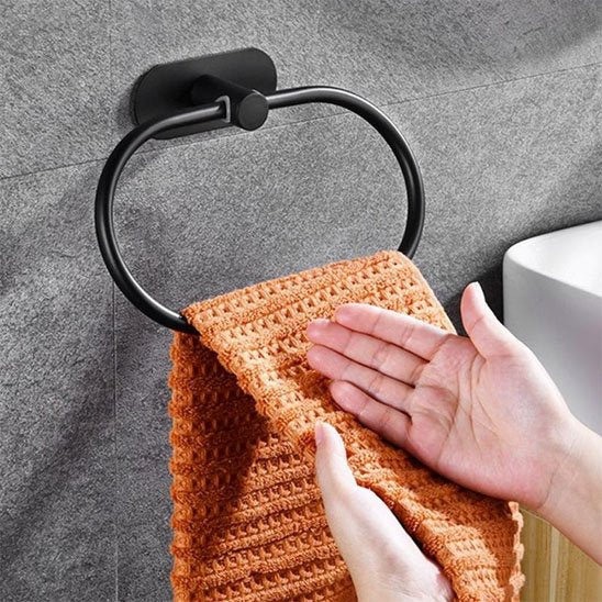 Porte serviette salle de bain ovale noir en acier auto adhésif