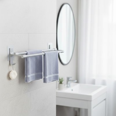 Porte serviette salle de bain sans perçage couleur argenté deux barres 