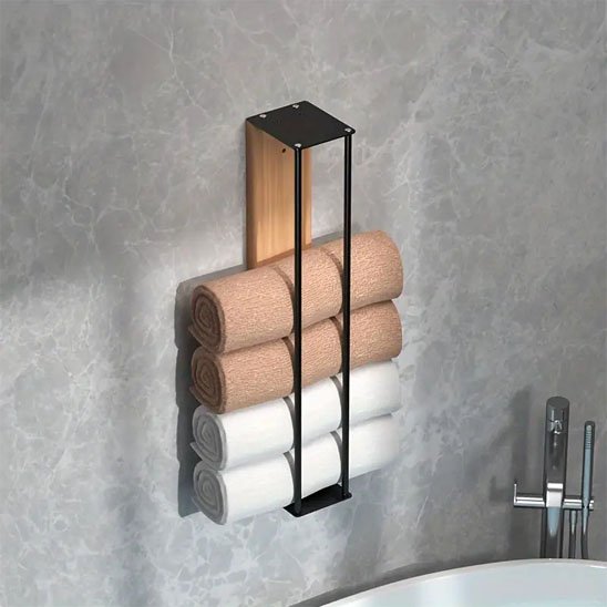 Porte serviette salle de bain vertical design en bois et métal noir