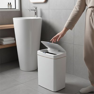 Poubelle de salle de bain, blanche, automatique, étroite et rectangulaire