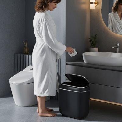 Poubelle de salle de bain noire avec couvercle, poubelle automatique étanche et intelligente
