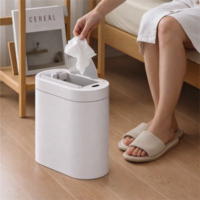 Poubelle de salle de bain plastique, automatique à fente étroite, à capteur intelligent bidirectionnel, blanche
