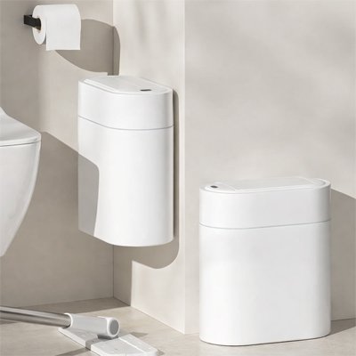 Poubelle de salle de bain plastique, blanche, automatique à fente étroite, à capteur intelligent bidirectionnel
