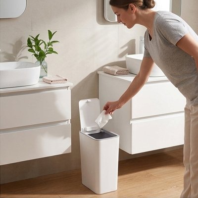 poubelle de salle de bain plastique blanche avec couvercle supérieur à pression pour toilettes