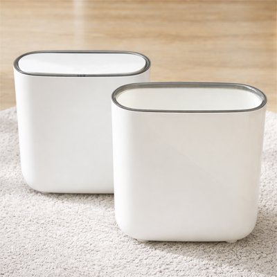 poubelle de salle de bain plastique blanche, ovale blanche avec couvercle, ouverture avec pression