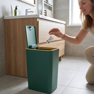 poubelle de salle de bain plastique verte avec couvercle supérieur à pression pour toilettes