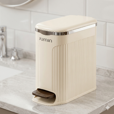 poubelle de salle de bains beige avec pédale marron, haut, brillante, 25L