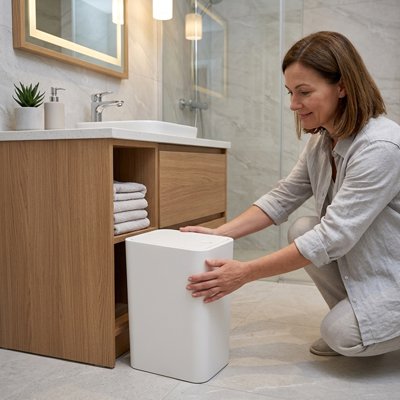 Poubelle de salle de bains blanche Design mince, Ouverture du couvercle à une touche