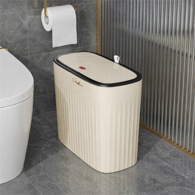 Poubelle de salle de bains design étroite, rose pâle avec couvercle