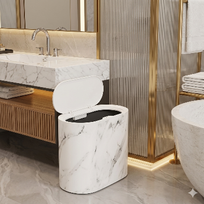 poubelle de salle de bains design imitation marbre noire taille fine pratique, blanche, ouverte