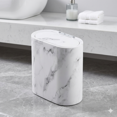poubelle de salle de bains design imitation marbre noire taille fine pratique, blanche