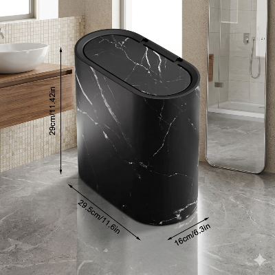 poubelle de salle de bains design imitation marbre noire taille fine pratique, noire, dimensions