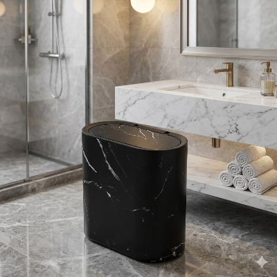 poubelle de salle de bains design imitation marbre noire taille fine pratique, noire