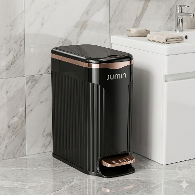 poubelle de salle de bains noire brillante avec pédale dorée, haute, 25L, surface lisse
