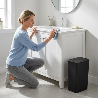 Poubelle de salle de bains noire, Ouverture du couvercle à une touche,  Design mince