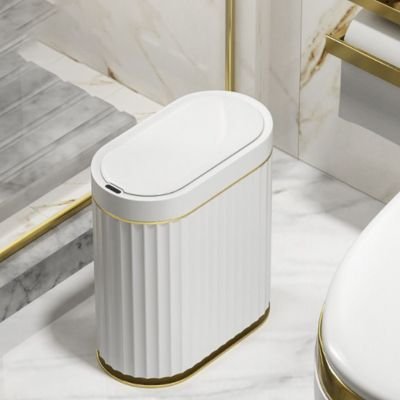 Poubelle en plastique de salle de bain électronique automatique ovale blanche et dorée