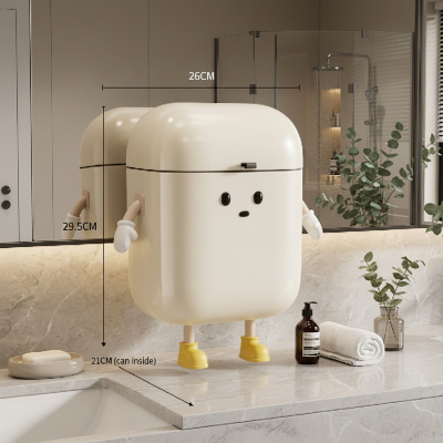 poubelle murale blanche petite taille forme airpod avec pieds et mains , pieds jaunes