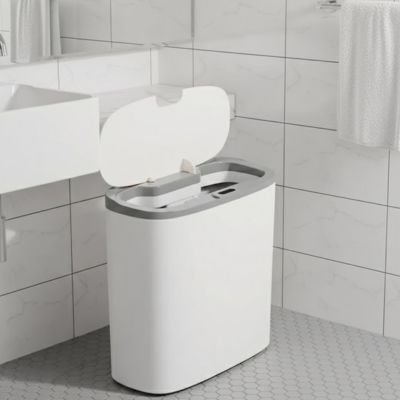 Poubelle originale salle de bain blanche au contour gris, double compartiment