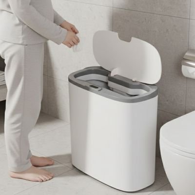 Poubelle originale salle de bain, blanche au contour gris, ouverture automatique, double compartiment