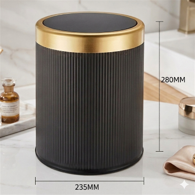 poubelle originale salle de bain noire ronde à couvercle et contour dorée, ouverture avec pression, dimensions