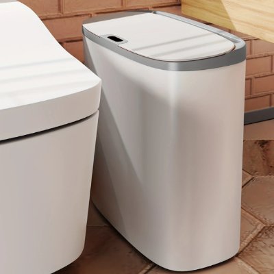 Poubelle originale salle de bain, ouverture automatique, contour gris, double compartiment 