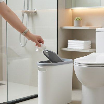 Poubelle salle de bain blanche et grise fine et haute ouverture par pression