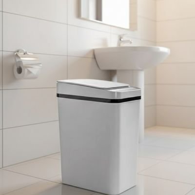 Poubelle salle de bain originale blanche, avec capteur, grand format
