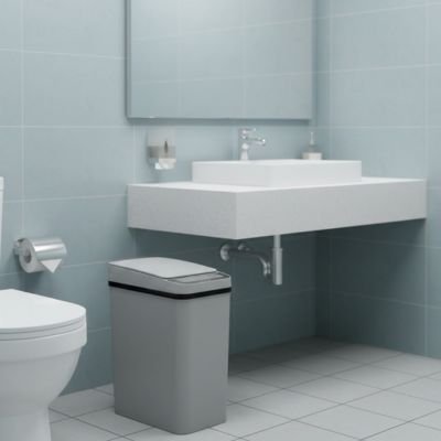 Poubelle salle de bain originale, grise, avec capteur rectangulaire, grand format 