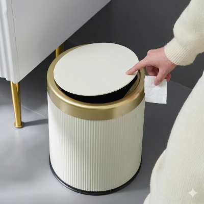 poubelle originale salle de bain noire ronde à couvercle et contour dorée, ouverture avec pression, couvercle ouvert