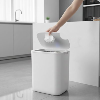 poubelles de salle de bain originales sans contact blanche, rectangulaire