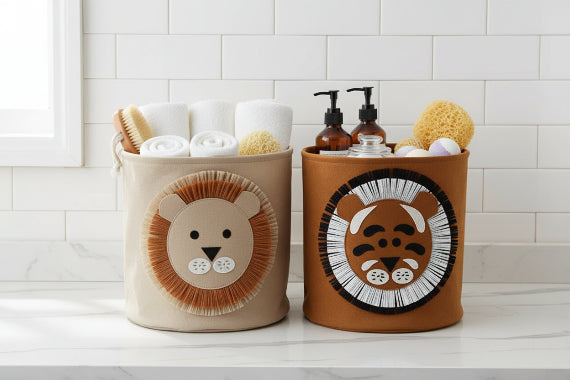 Rangement Panier en tissu, en forme de lion, beige ou marron, matière feutre doux