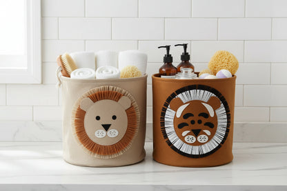 Rangement Panier en tissu, en forme de lion, beige ou marron, matière feutre doux