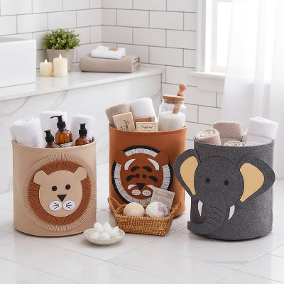 Rangement Panier en tissu feutre, ludique en forme d'animal, soit lion ou éléphant, beige marron ou gris