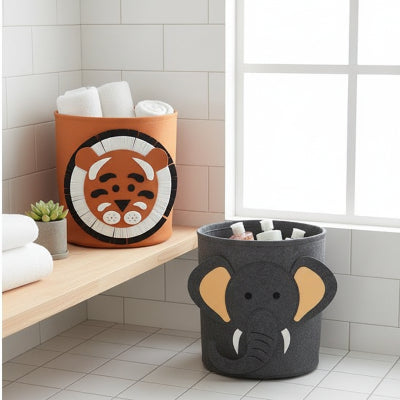 Rangement Panier en tissu ludique en forme d'animal, lion ou éléphant, pliable en matière feutre, marron ou gris