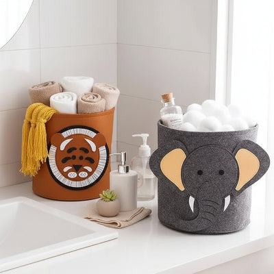 Rangement Panier en tissu marron ou gris, ludique en forme d'animal, lion ou éléphant, pliable