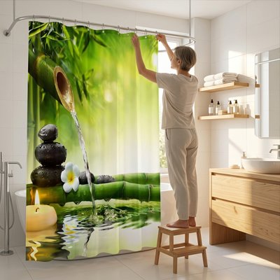 Rideau de douche bambou, zen, naturel en polyester avec crochets, tissu de gril, décoration scénique