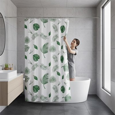 Rideau de douche blanc au feuilles vertes feuilles vertes simples